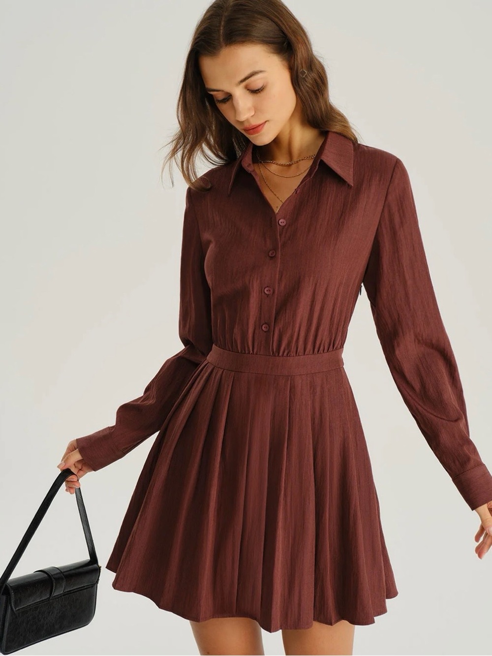 Riohas Woven Button-Front Shirt Dress in Deep Brown
